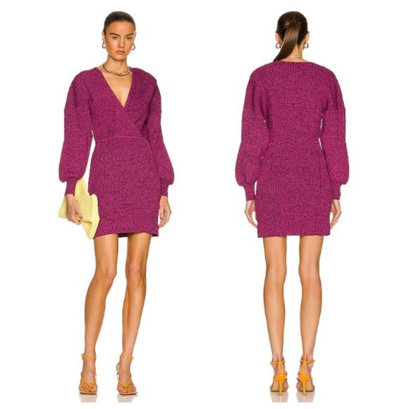 NEW Ganni Melange Knit Dress V-neck Short Blouson Sleeve PInk Size S - Picture 1 of 7